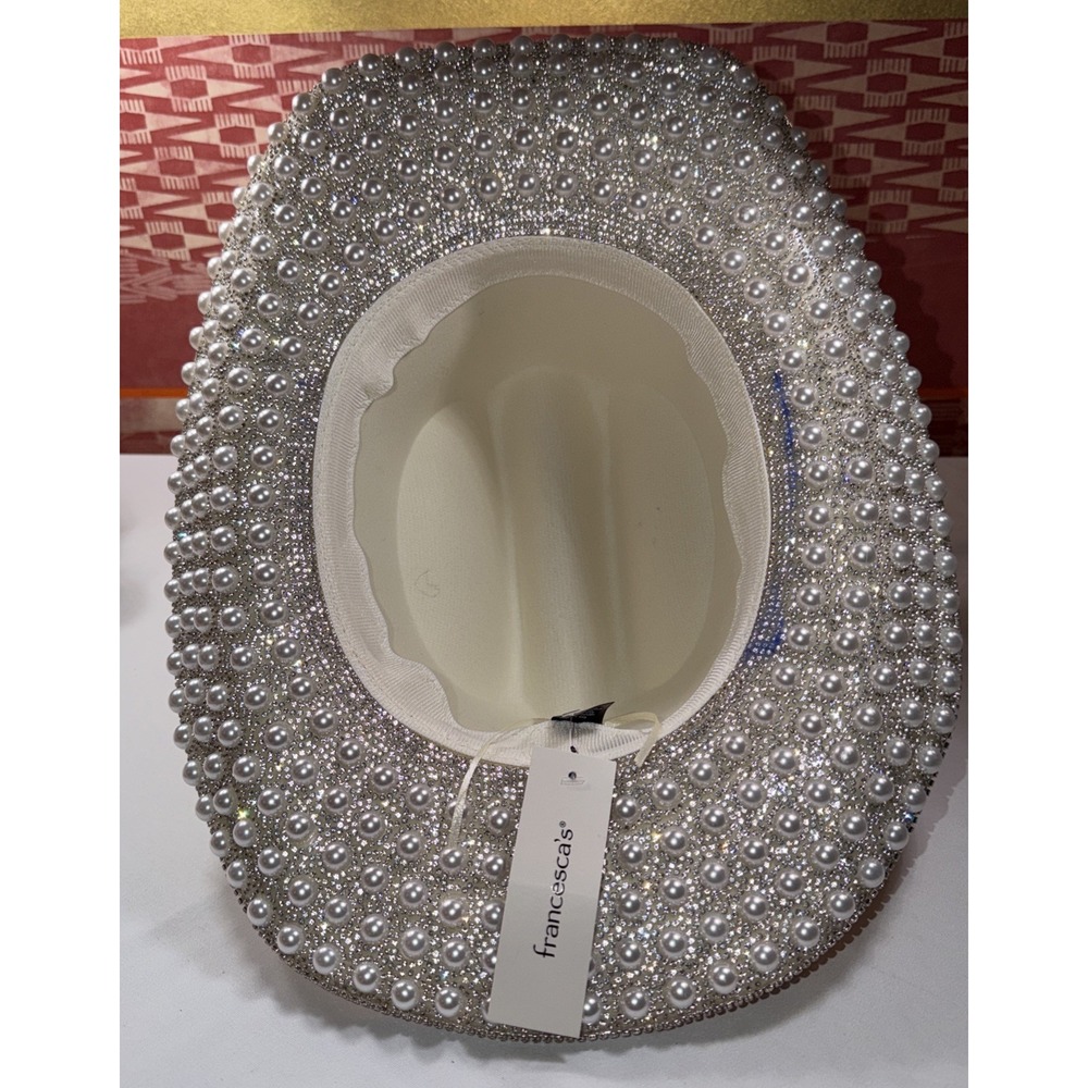 NWT Francesca's Cowgirl Hat Pearls & Rhinestones Felt Faux Suede Bedazzled Stain - Picture 4 of 5